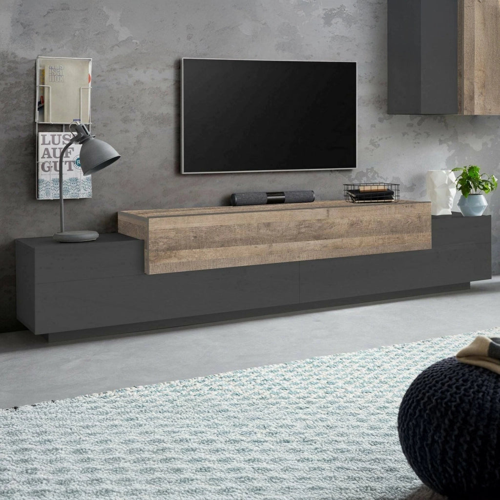 Mobile porta TV Tiche, Credenza bassa da soggiorno, Base porta TV, 100% Made in Italy, cm 240x45h52, Antracite e Acero