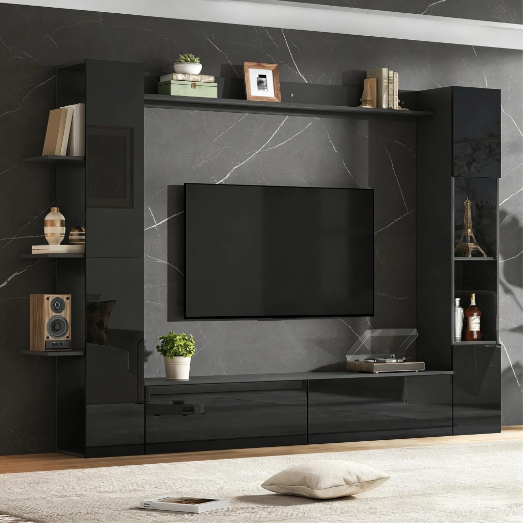 Parete TV con pensile integrato; 245x30x170 cm; MDF; nero