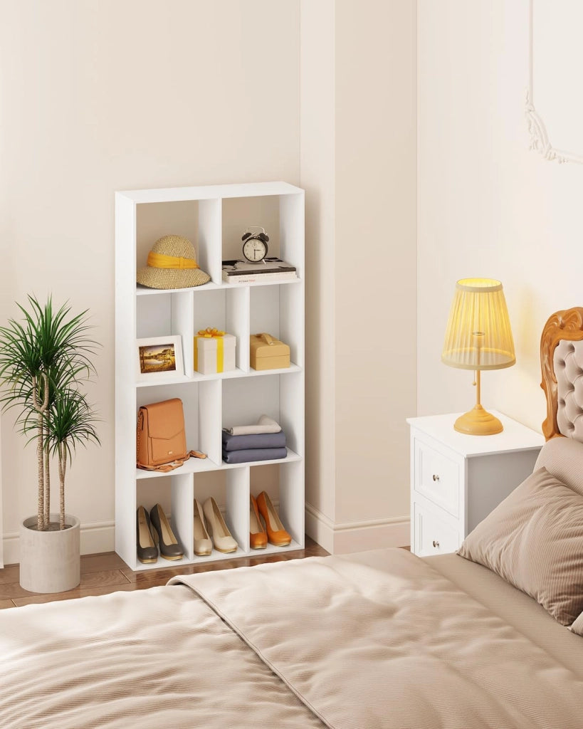 Scaffale da Soggiorno a 4 Ripiani, Libreria in Legno Salvaspazio con 10 Cubi Portaoggetti, Mobile Multiuso Moderno Bianco, per Studio, Camera da Letto, Cucina, Ufficio, 60x20x120cm