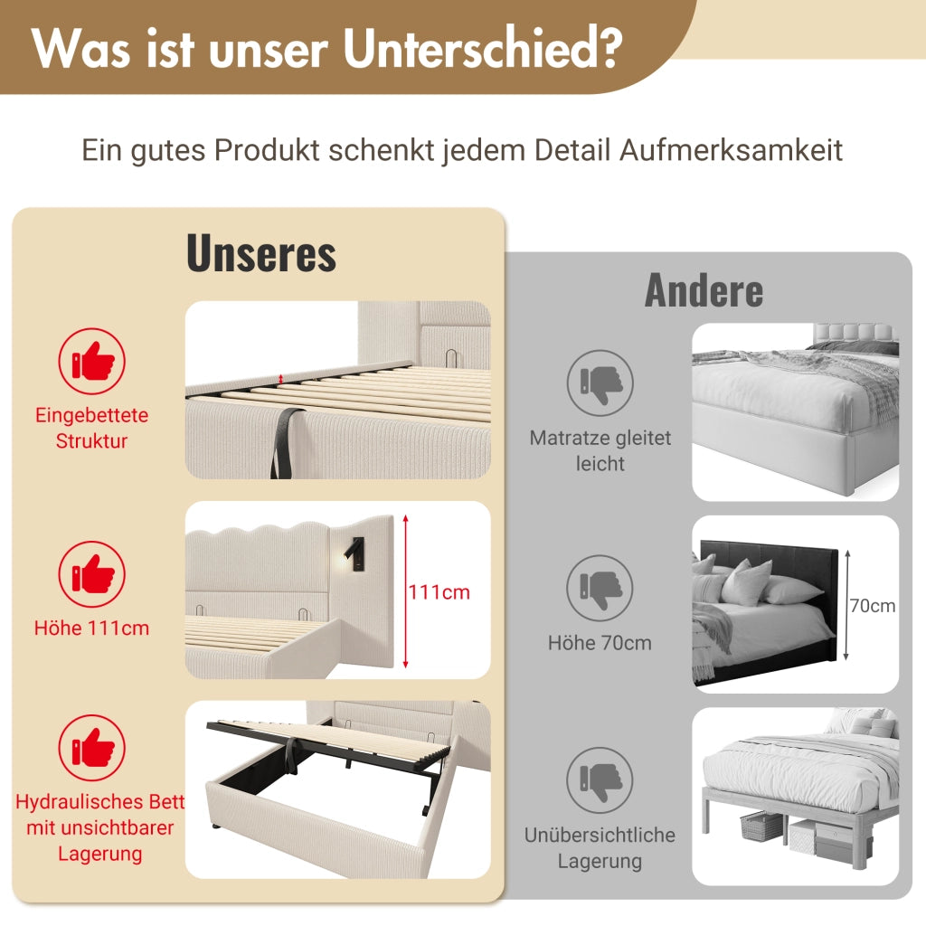 LETTO Contenitore 180x200 cm in tessuto a coste Beige-Bianco con lampada USB Type-C