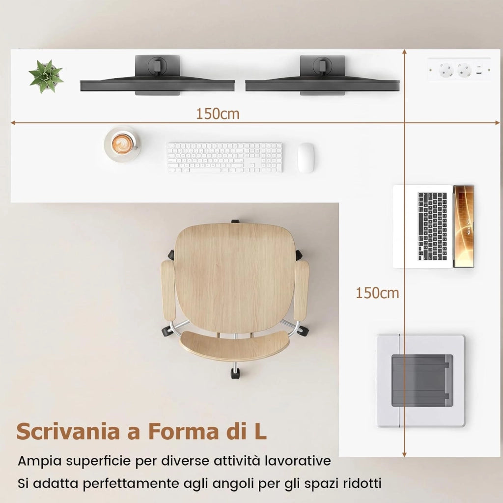 Scrivania Angolare Salvaspazio con Stazione di Ricarica, Ripiani Aperti e 2 Armadietti, Scrivania ad Angolo in Legno, Scrittoio per Computer per Soggiorno, Studio e Ufficio