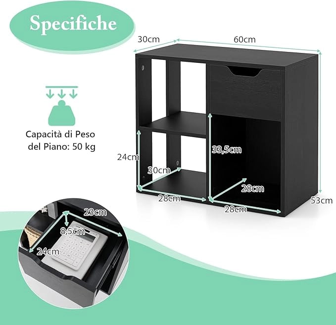 Libreria Scaffale, Libreria Bianco in Legno con Cassetto e 3 Cubi, 60 x 30 x 53 cm, Scaffale Multiuso per Soggiorno, Ingresso, Ufficio e Cameretta (Nero)