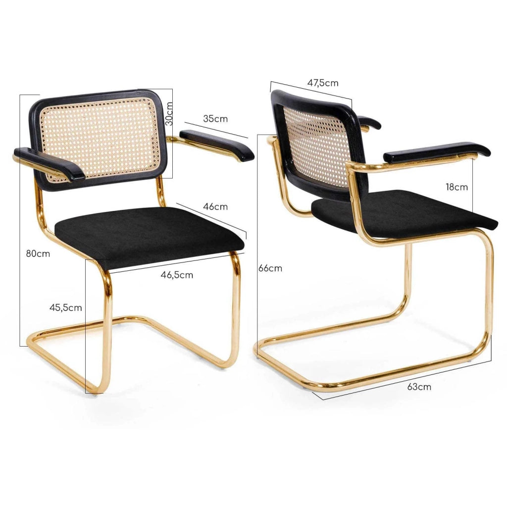 LÚZETE - SILLA WEBSTER CON REPOSABRAZOS NEGRA RATTAN NATURAL PATAS DORADAS