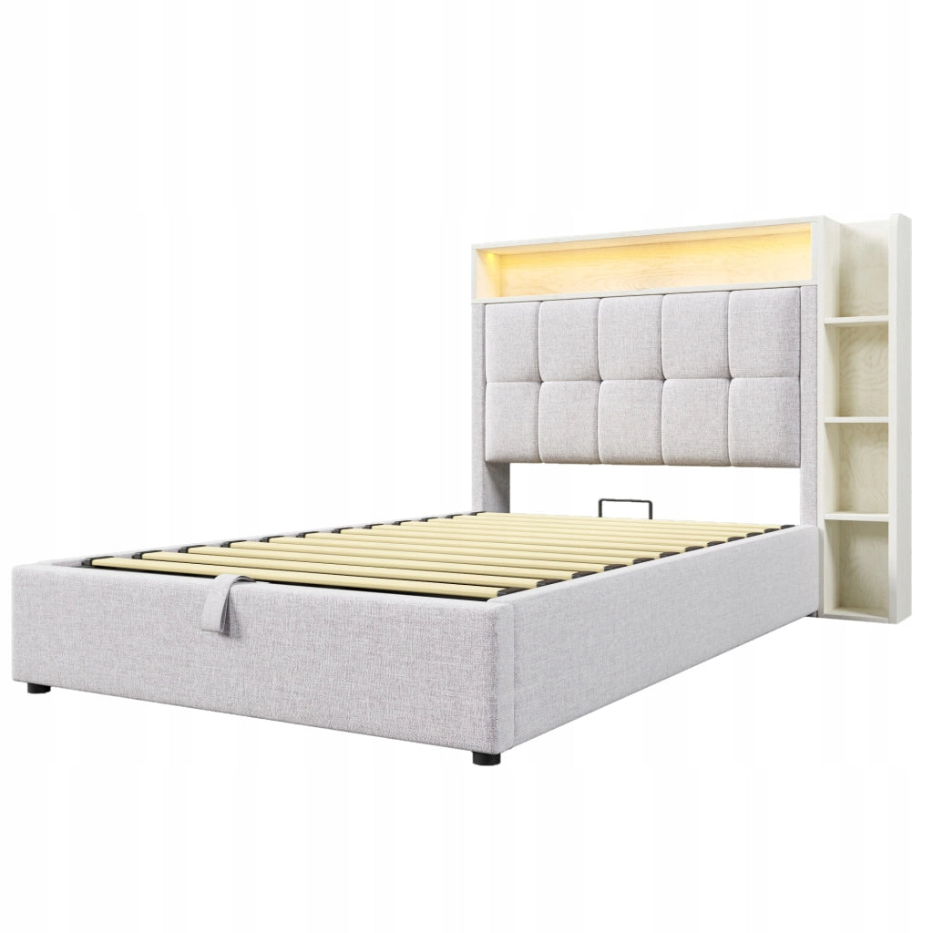 Letto imbottito 90x200 - Xylo - Beige, LED, USB-C, struttura sollevabile
