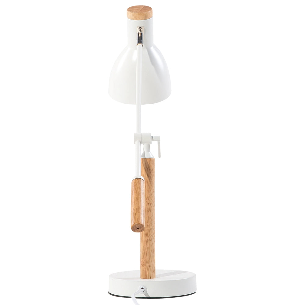 Lampada da Tavolo in Metallo Bianco 50H cm Legno Chiaro Braccio della Gru Paralume Orientabile Moderno