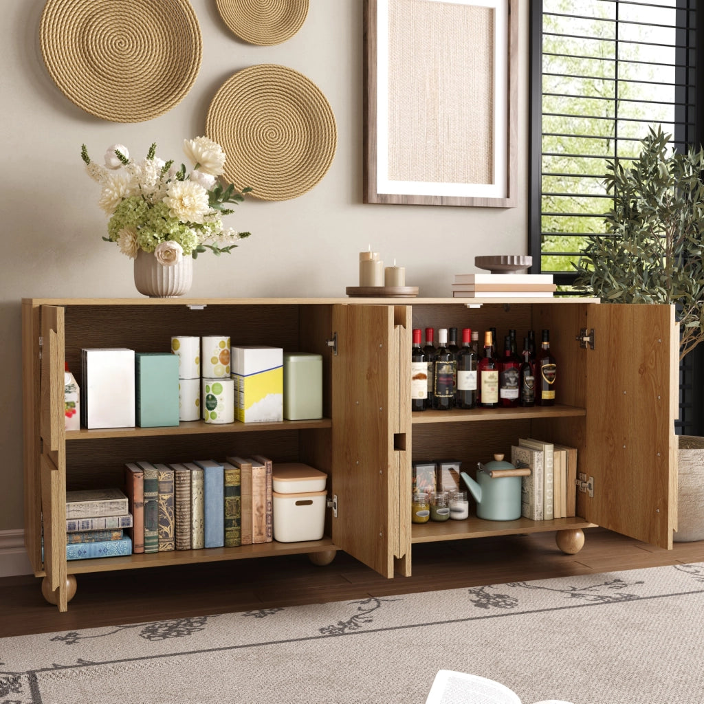 Credenza e madia a 4 ante con 2 vani interni e ripiani regolabili, per soggiorno e ingresso, naturale, 160 × 38 × 76 cm