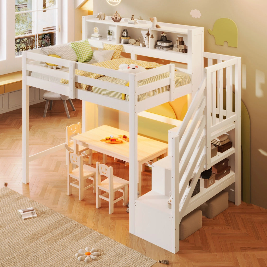 Letto a soppalco 90x200 cm con LED， scala contenitore e vano aperto， struttura in legno di pino e MDF， per bambini， bianco， senza materasso
