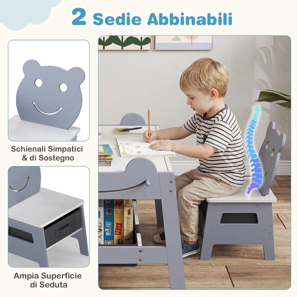 Set Tavolo e 2 Sedie per Bambini, 5 in 1 Tavolino e Sedie con 4 Ganci, 3 Scatole in Tessuto e Lavagna Reversibile per Bambini 3+ Anni per Cameretta Ragazzi (Grigio, Stile 5)