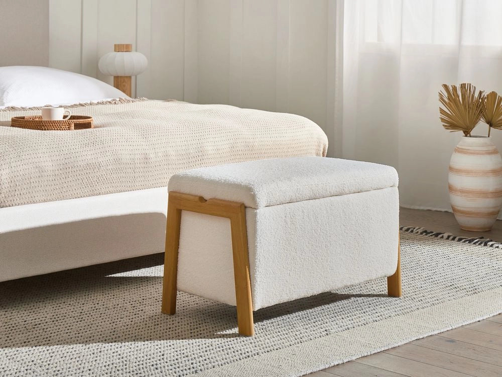 Panca stile moderno e glamour per camera da letto e soggiorno Rivestimento in essuto bouclè bianco contenitore