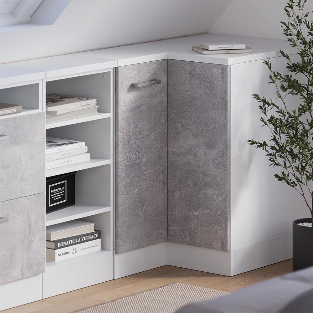 Mobile sottotetto Mobile angolare Rion, Calcestruzzo, 75.6 x 81.6 cm con 1 porta, carcassa dell’armadio profondità 60 cm, adatto per il salvaspazio sotto tetti spioventi