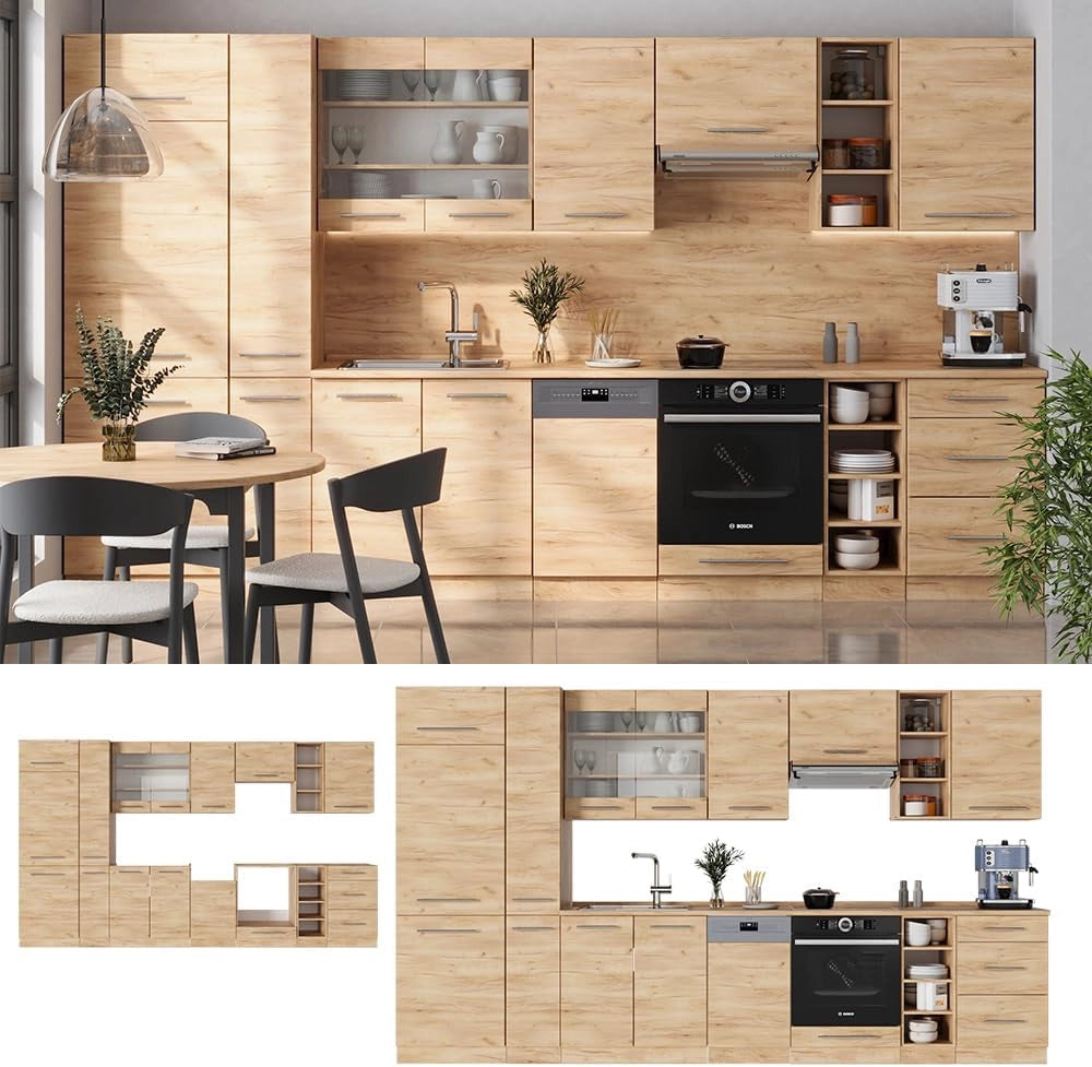 Cucina componibile Fame-Line, Quercia dorata, 355 cm senza piano di lavoro, adatto per l'espansione personalizzata con moduli aggiuntivi