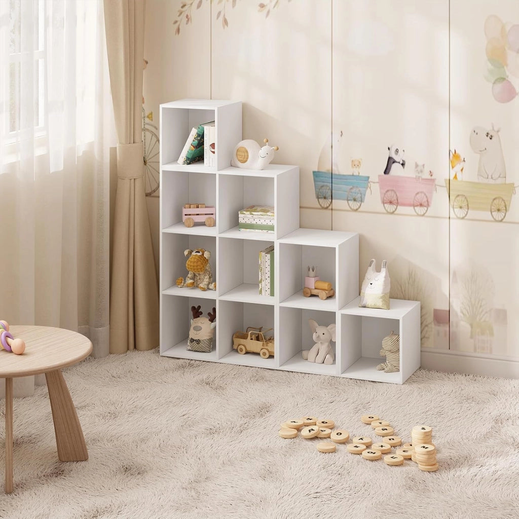 Libreria Scaffale, Libreria a 10 Cubi, Scaffale a Scala Componibile, Mobile Portaoggetti in Legno, Divisorio per Camera da Letto, Soggiorno, Ufficio, 120x30x120cm, Bianco, SK035ws
