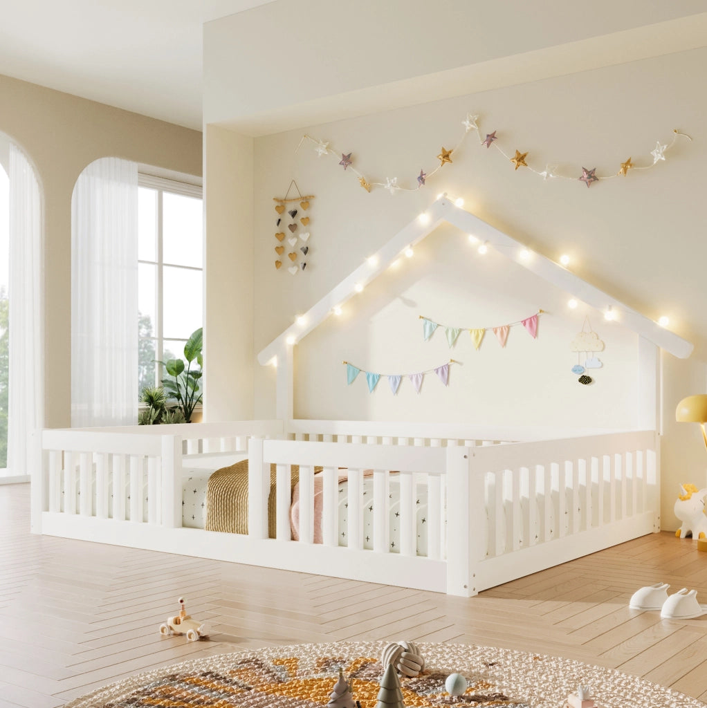 Letto a casetta per bambini 140x200 cm in MDF e pino bianco con LED e sponde