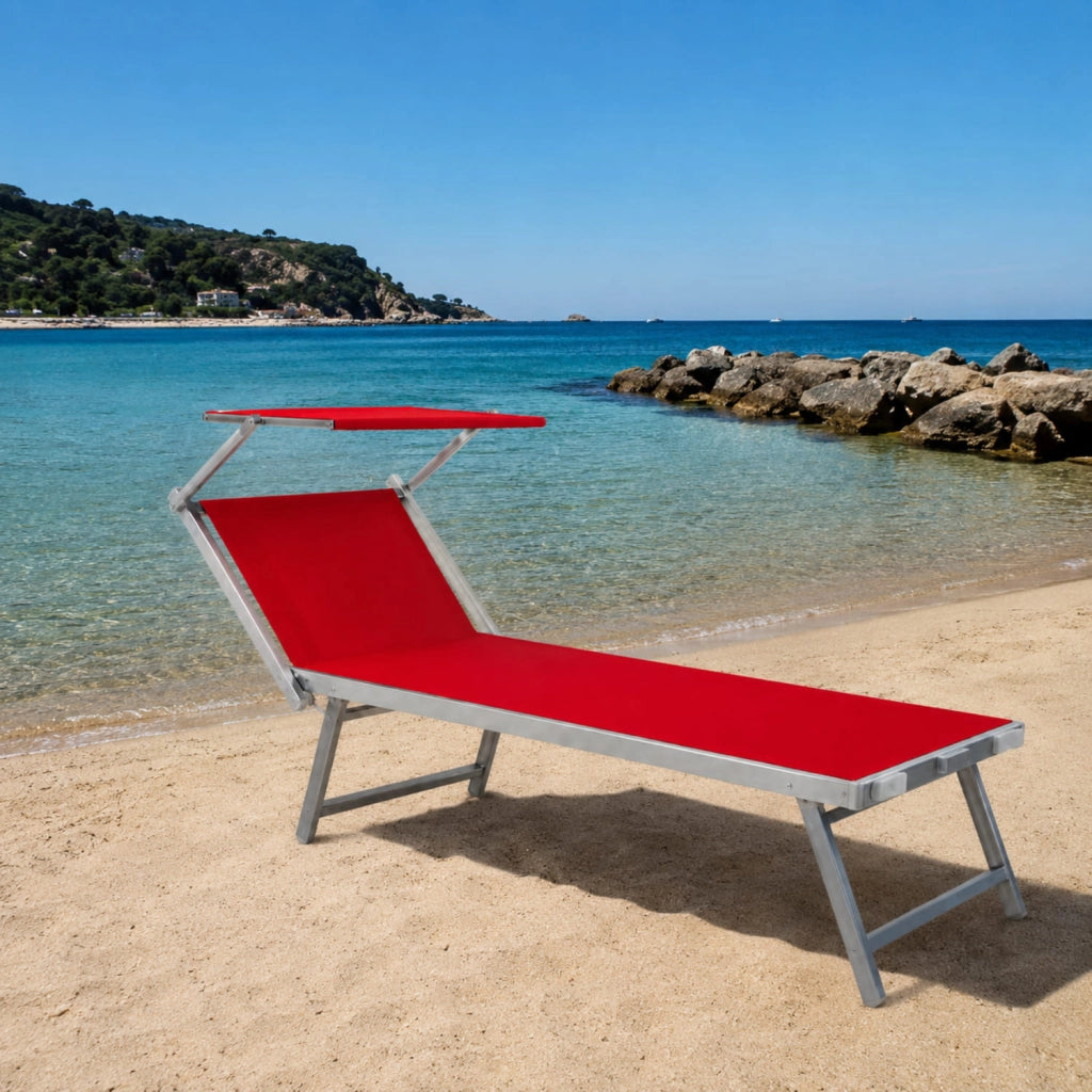 Lettino Sdraio Prendisole Professionale Richiudibile In Alluminio E Textilene con Tettino Parasole Orientabile Lettino Relax Mare Spiaggia Piscina Giardino Solarium 182 x 60 x 38 Cm Rosso