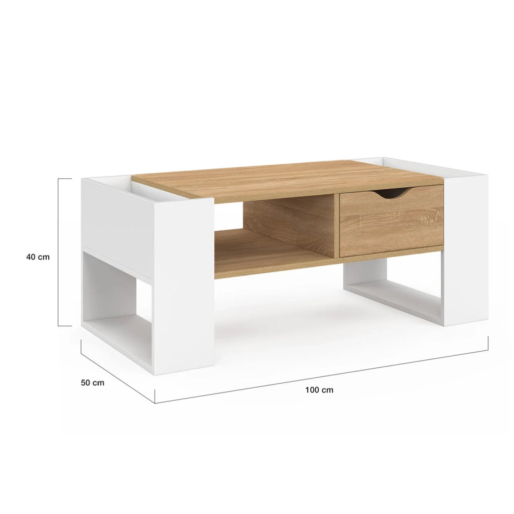 IDMarket - Tavolino rettangolare BERYL con cassetto in legno bianco e effetto faggio