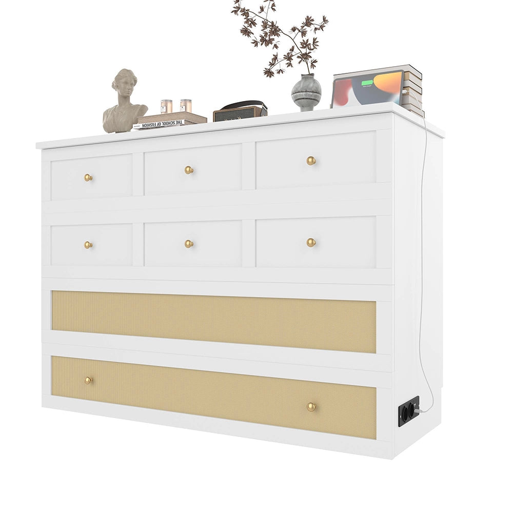 Letto contenitore 140x200 cm - Xylo - con cassetti e ripiano, porte USB e presa, bianco, senza materasso