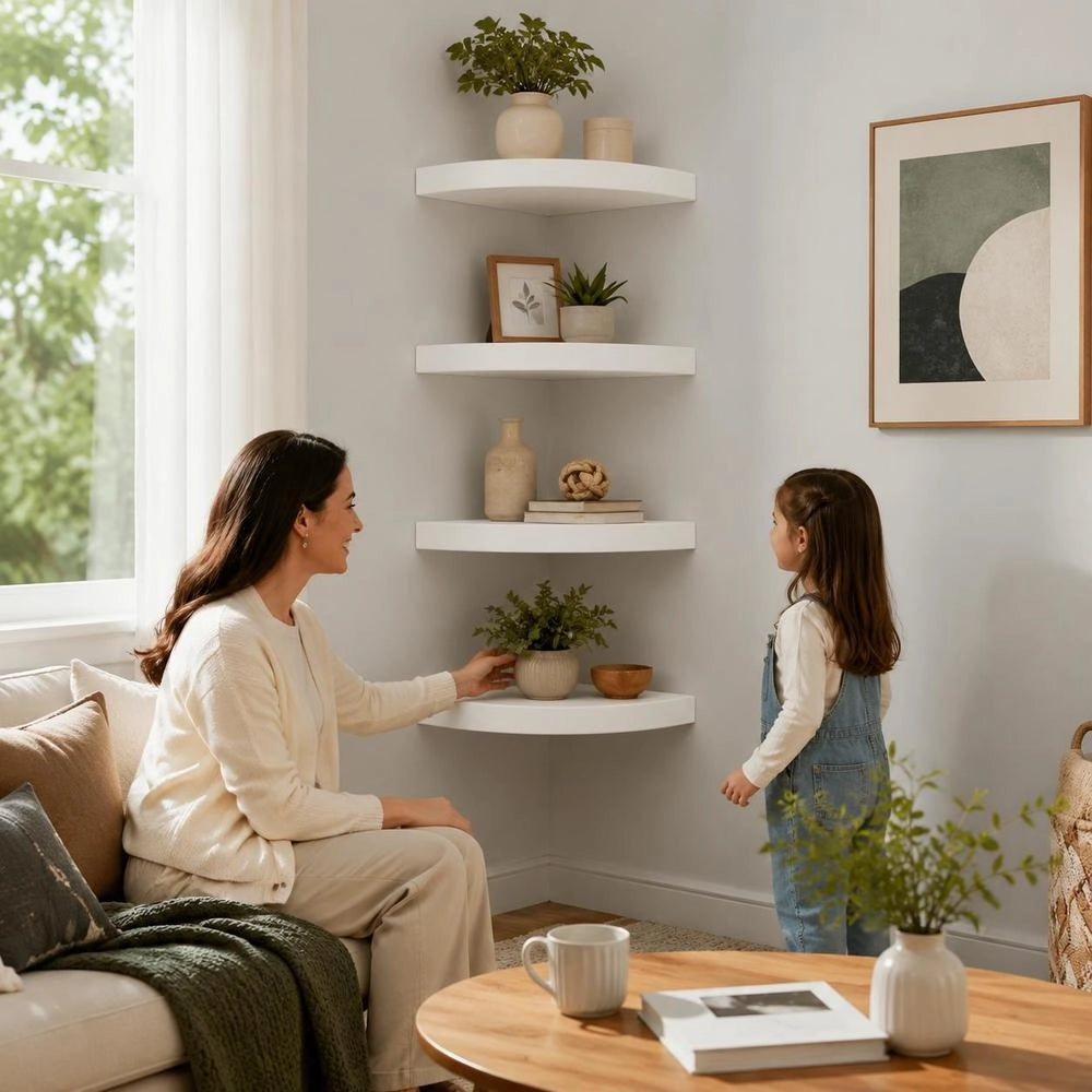 Corner Floating Shelves, 4 Pieces, White, 25x25x3.8 Cm, MDF