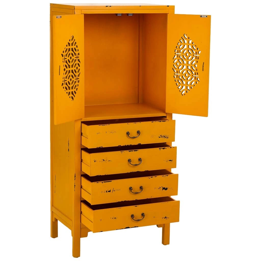Mobiletto in legno con 4 cassetti e 2 ante, giallo, 60x40x140h cm