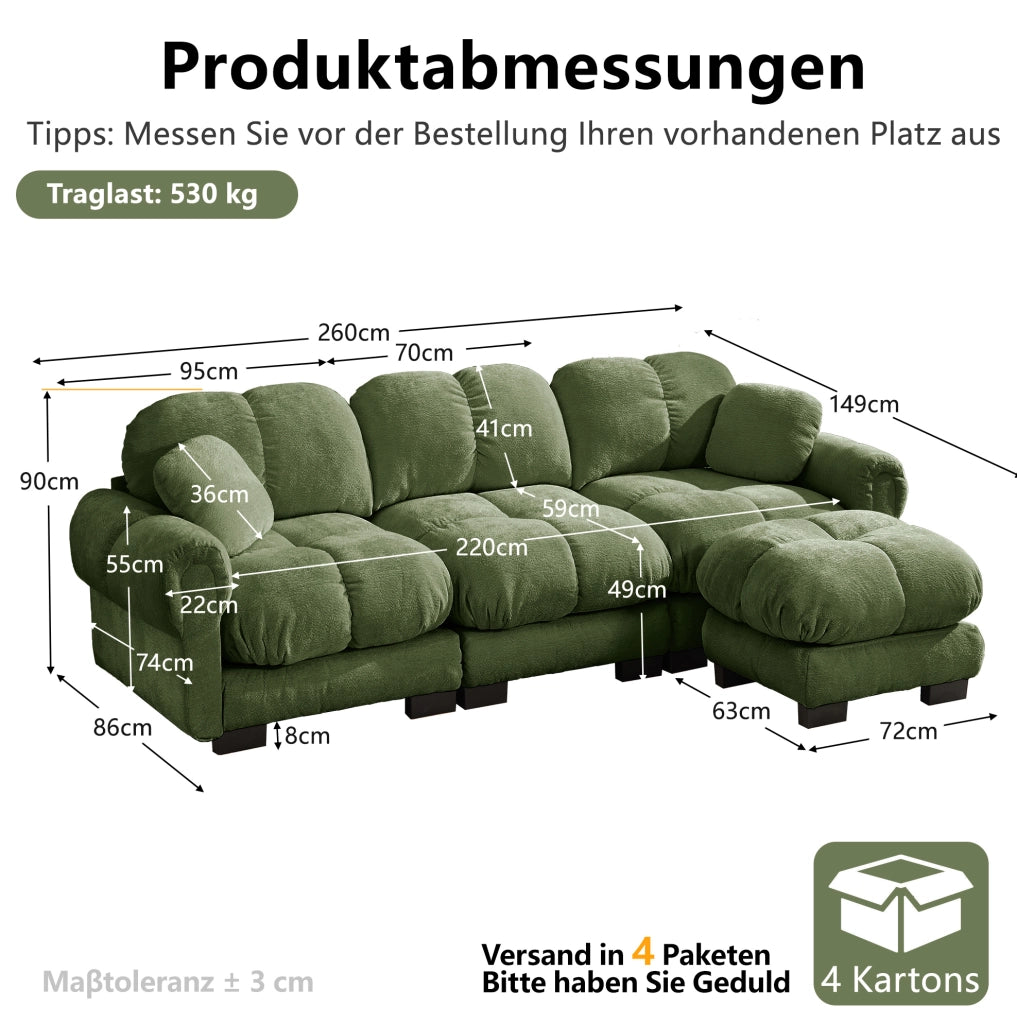 Divano angolare modulare a 3 posti in chenille verde; 260x149x90 cm; con pouf mobile