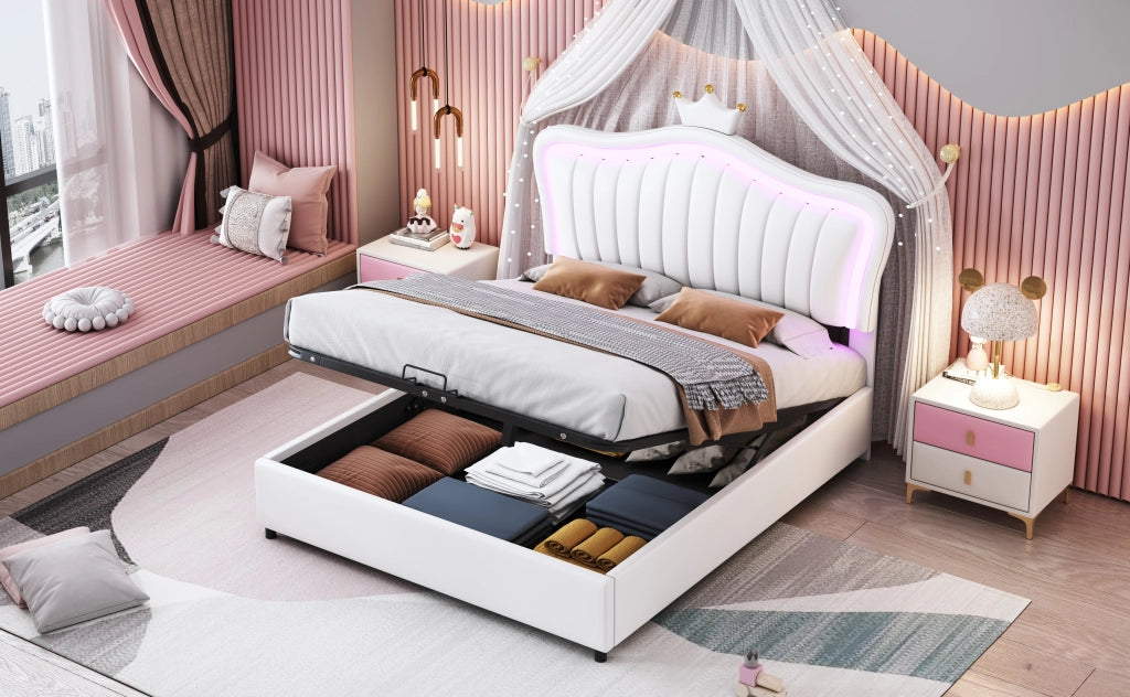 Letto imbottito per bambini con testiera a corona e LED, 140x200 cm, bianco PU