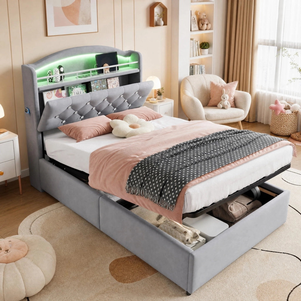 Letto imbottito per bambini 90x200 cm con LED, USB e contenitore