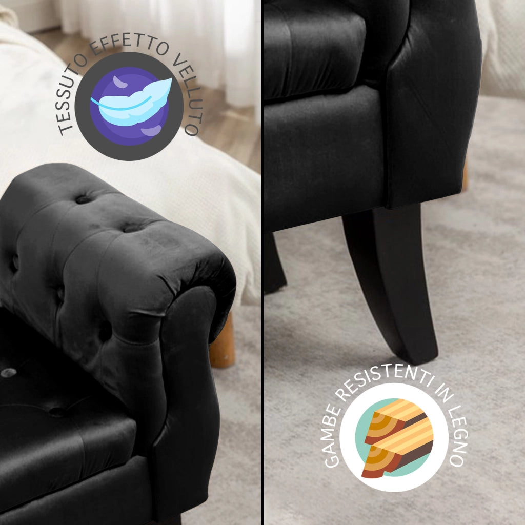 Divanetto In Velluto Panca Contenitore Pouf PortaOggetti Panca Sgabello A Pie Di Letto Cassapanca Ingresso Legno Massello Panchina - Nero