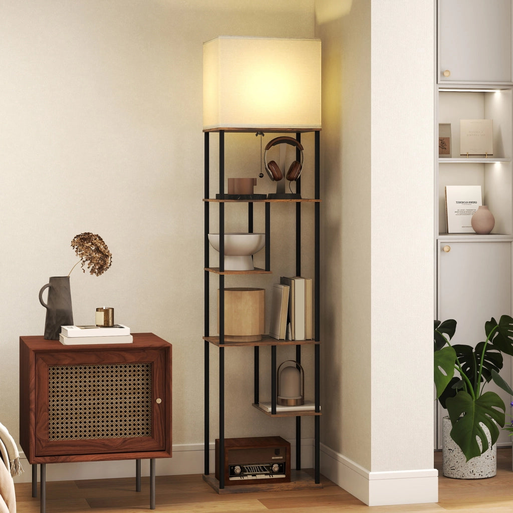 Lampada da terra con ripiani ¨C Xylo ¨C regolabile con telecomando, 40x29x171 cm, marrone rustico