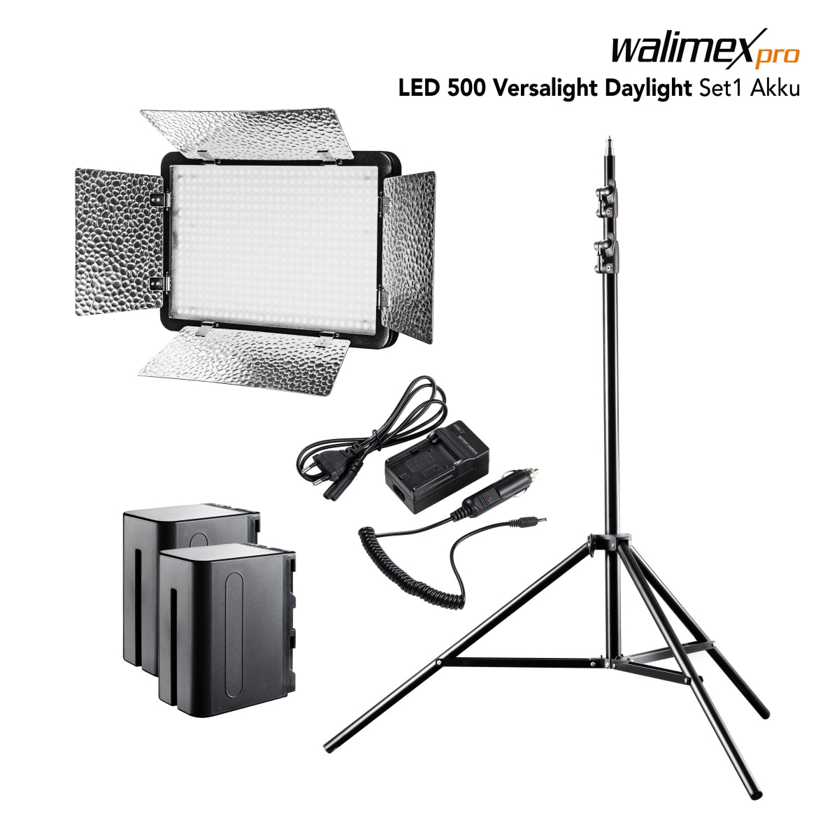 walimex pro LED Versalight 500 Daylight Set - composto da lampada a pannello, treppiede per lampada fino a 260 cm e 2 batterie ricaricabili