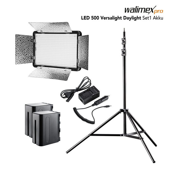 walimex pro LED Versalight 500 Daylight Set - composto da lampada a pannello, treppiede per lampada fino a 260 cm e 2 batterie ricaricabili