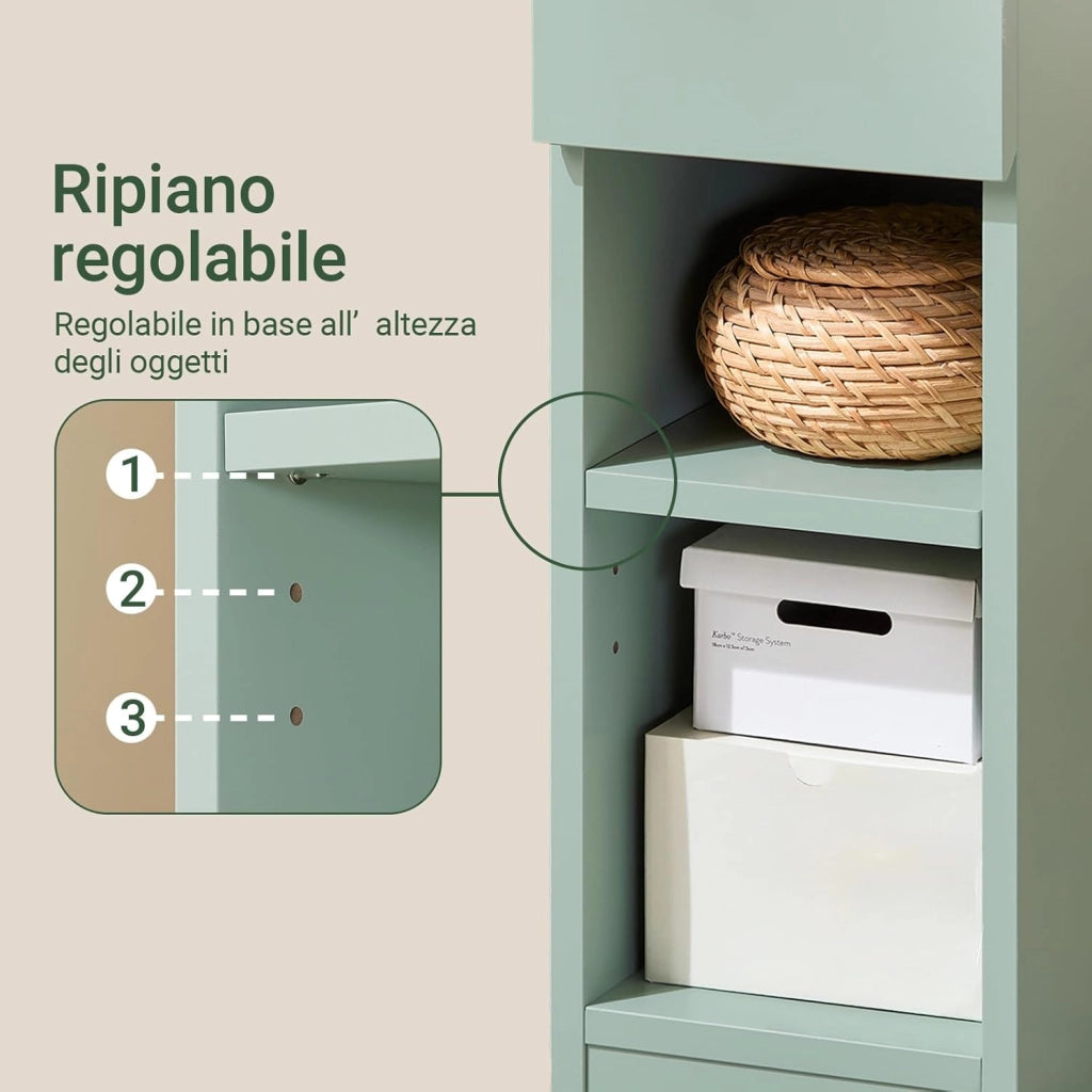 Comodino camera da letto Stretto, comodino con cassetto e 2 ripiano, comodini per camera da letto e soggiorno, Tavolino da letto Verde L20 x P35 x A61 cm FBT111-GR
