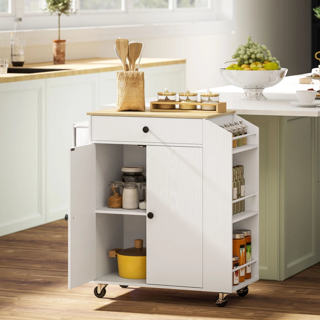 Carrello da Cucina con 1 Cassetto 2 Ante 3 Ripiani per Spezie e Portaasciugamani con Ruote per Cucina Bianco