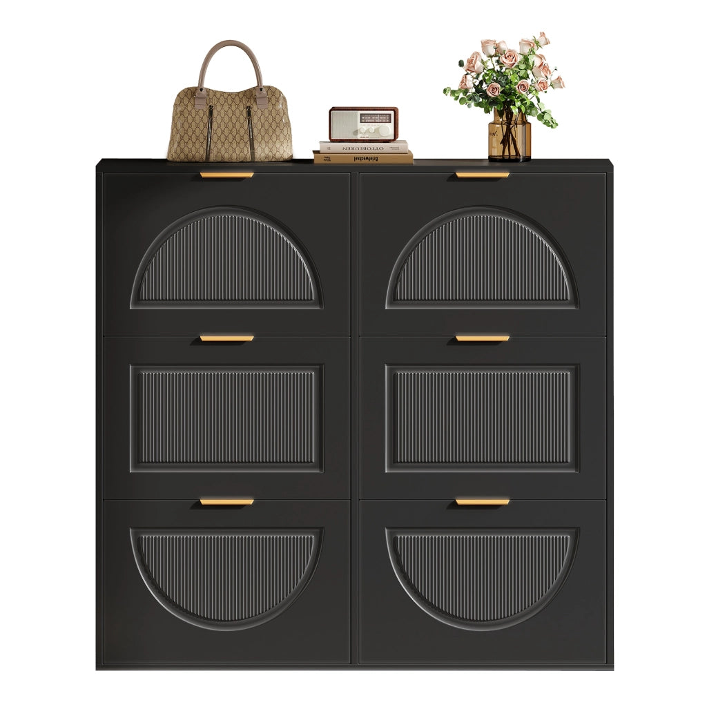 Armadio portascarpe con 6 ribalte; design curvo; 118x25x115 cm; MDF nero