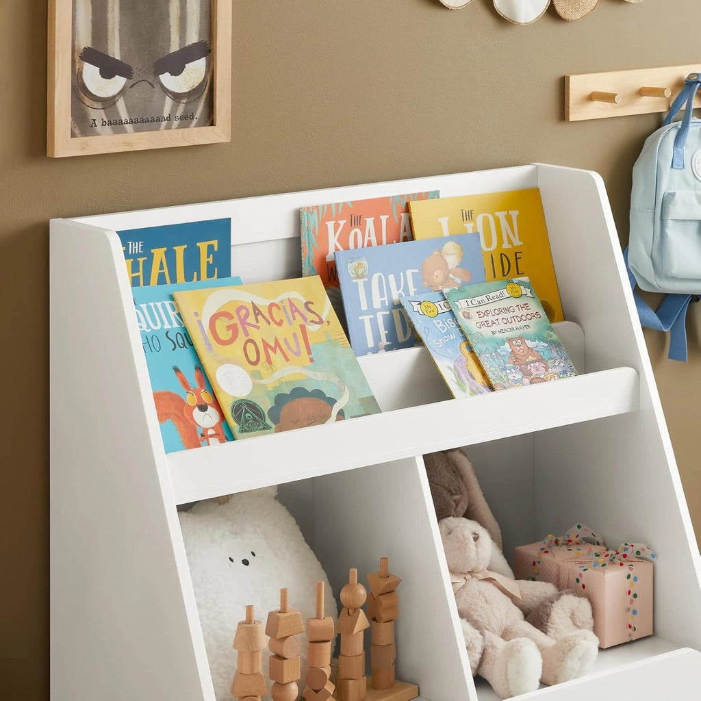 Libreria per bambini Scaffale per bambini con cassapanca portagiochi estraibile Mobili cameretta Bianco 76x40x100cm KMB83-W