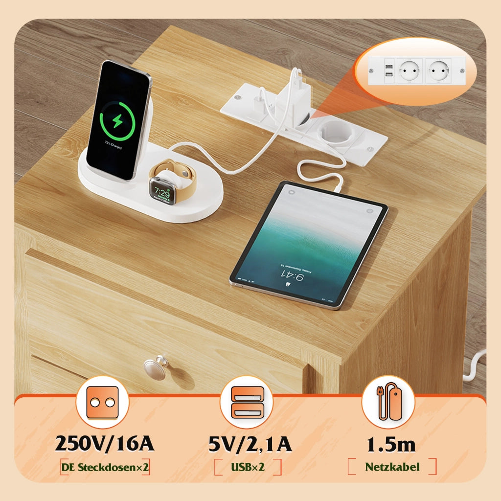 Comodino 3 Cassetti con USB e Prese ¨C zephmum ¨C Legno Rovere 40x40x50 cm