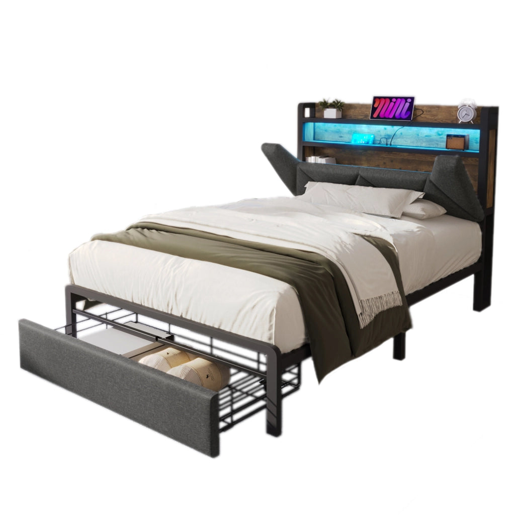 Letto singolo 90x200 in tessuto grigio con testiera contenitore e LED