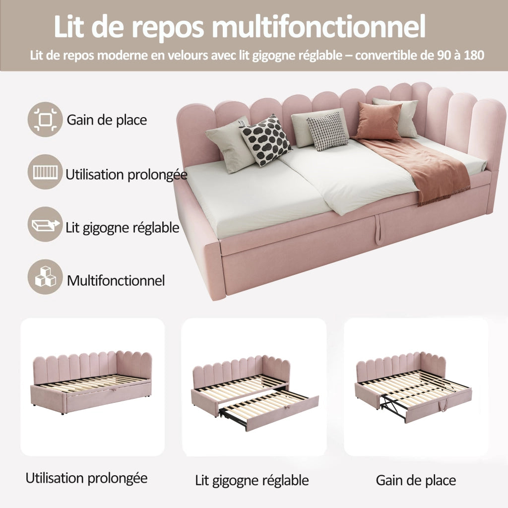 Divano letto 2-in-1 a L con letto estraibile; velluto rosa; 90x200 cm; senza materasso