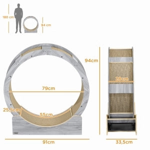 Ruota per gatti 91 cm con freno, tappetino tiragraffi, legno, grigio