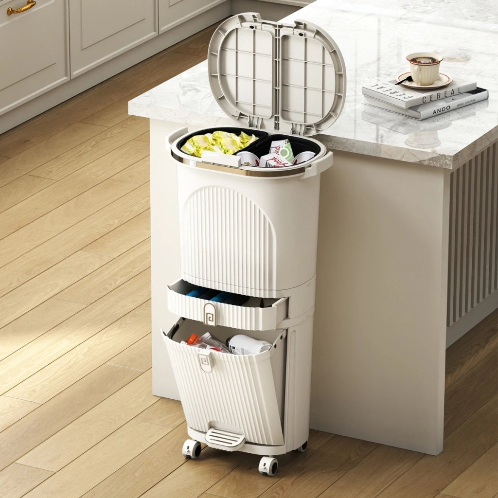 Cestino per cucina con coperchio bidone di 3 strati con 2 secchi rimovibili-Cestino contenitore per rifiuti verticale Beige