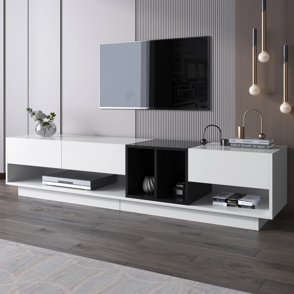 Mobile TV con 3 Cassetti e 2 Vani Aperti; Finitura Lucida; Stile Moderno; 190??40??42 cm; in Pannello Truciolare; Bianco