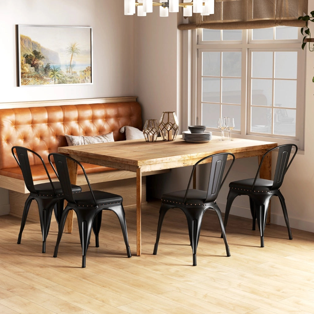 Sedie impilabili con schienali rimovibili e sedile imbottito in pelle artificiale, Set di 4 sedie da pranzo in metallo Nero-Sedie da pranzo