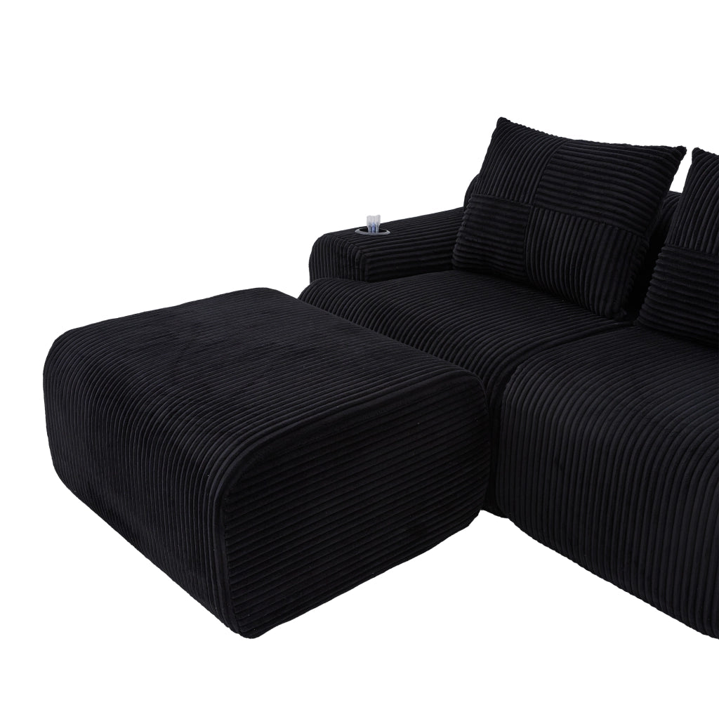 DIVANO Modulare a 3 posti in velluto a coste nero, 268x174x66 cm
