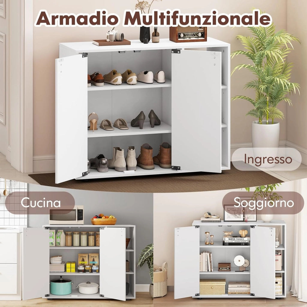 Mobiletto per Scarpe con Ante, Scaffale Porta Scarpe a 3 Ripiani con Mensole Regolabili, Organizzatore in Legno per Ingresso, Corridoio e Soggiorno, 80 x 31 x 64,5 cm (Bianco)