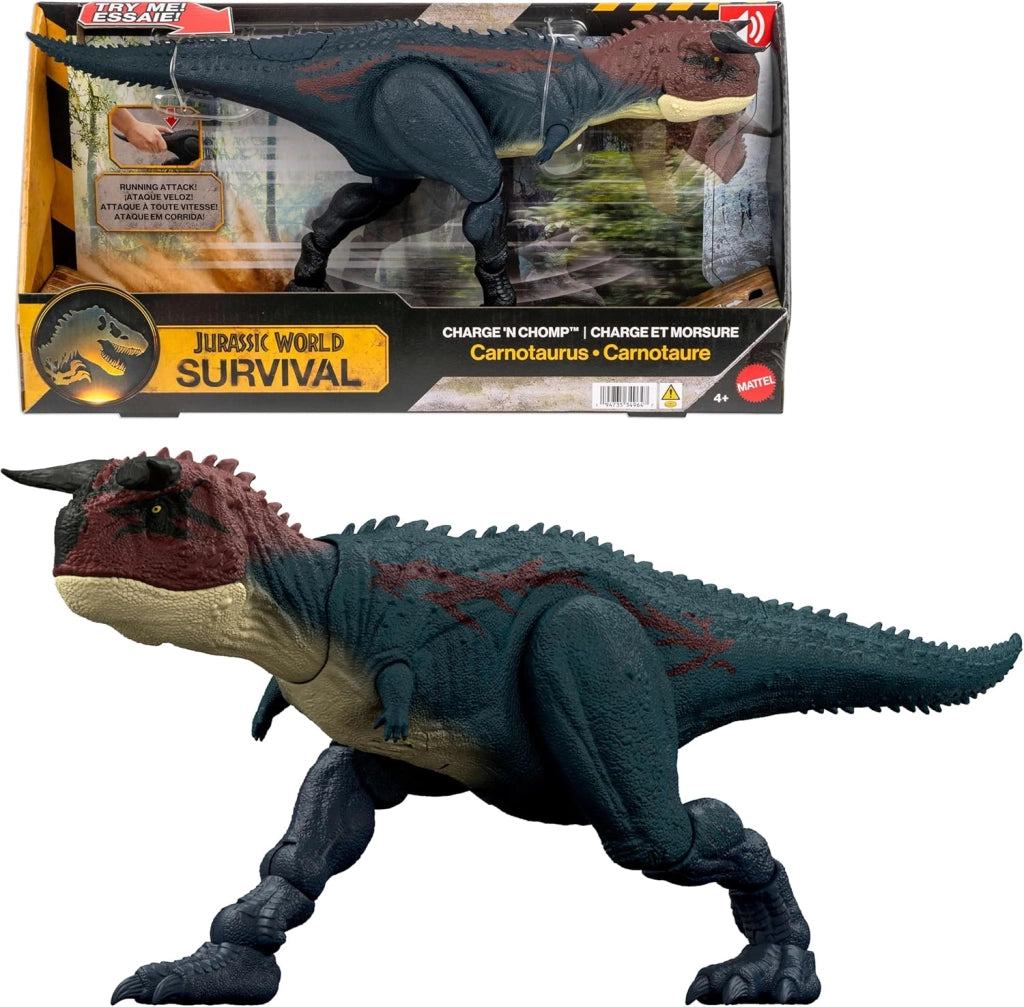 Jurassic World - Carnotauro Charge `N Chomp, dinosauro con ruggiti che corre e morde, azione speciale carica e divora at