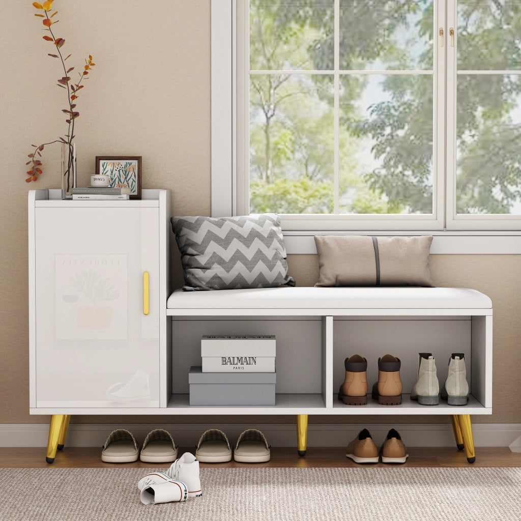 Scarpiera con panca e 3 ripiani regolabili con ante e vano aperto; per ingresso; bianco lucido; 120×35×71.5 cm