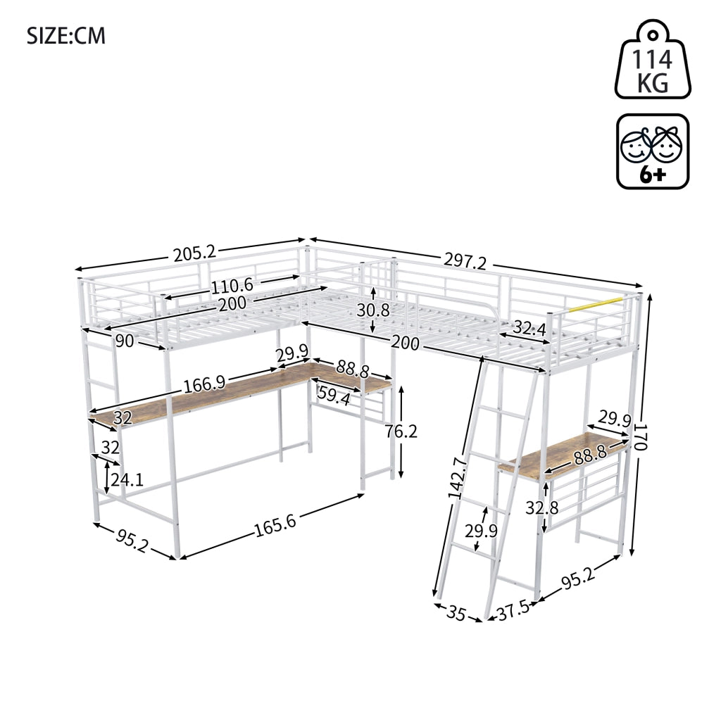 Letto a soppalco 90x200 cm con scrivania in metallo e MDF bianco