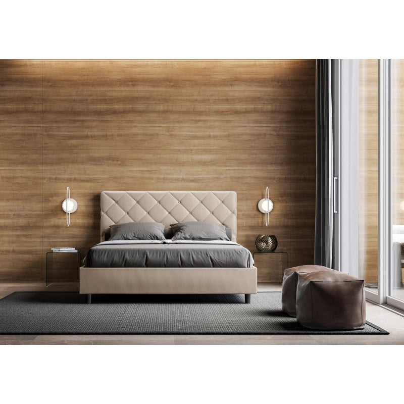Letto imbottito Letto Matrimoniale alla Francese 150x190 cm Priya - Similpelle,Tortora,Contenitore