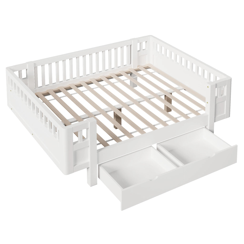 Letto per Bambini 140x200 cm; Letto con Sponda; 2 Cassetti - in Legno Massello e MDF - Bianco