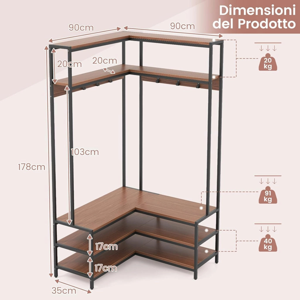 Stand Appendiabiti Angolare, Appendiabiti a Forma L con Ripiani Aperti 7 Ganci e Panca per Scarpe, Struttura in Metallo e Piedini Regolabili, 90x90x178 cm (Marrone)