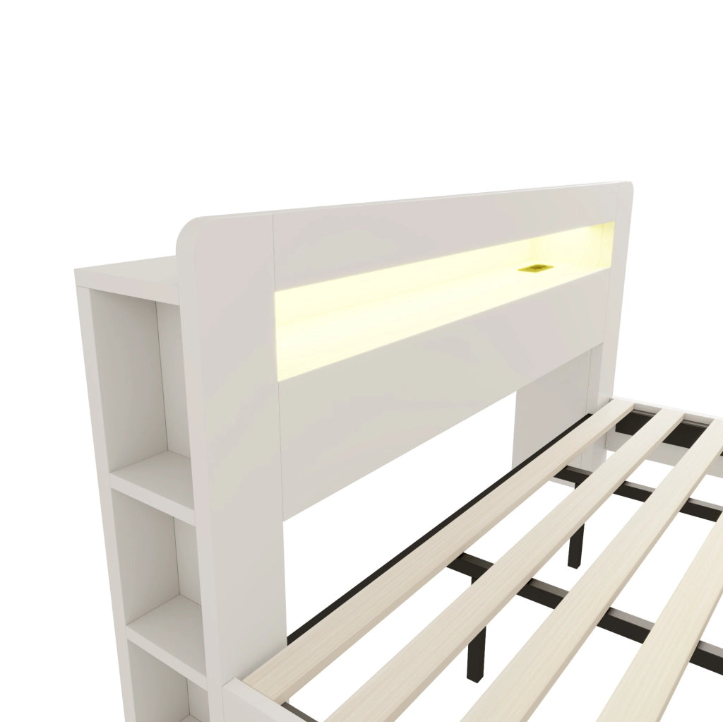 Letto 180x200 cm con contenitore in testiera; LED e prese in legno bianco