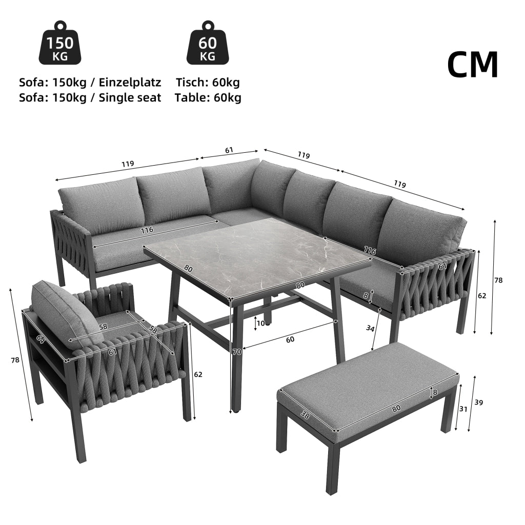 Salotto da Giardino con 2 Divani; 1 Poltrona; 1 Panca e 1 Tavolo; Schienale Alto; Cuscini; per Terrazza; Metallo e Poliestere; Grigio